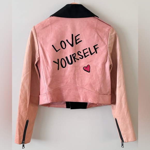 Alice + Olivia Lamb Leather Moto Jacket – “LOVE YOURSELF” – Size S - Picture 4 of 11